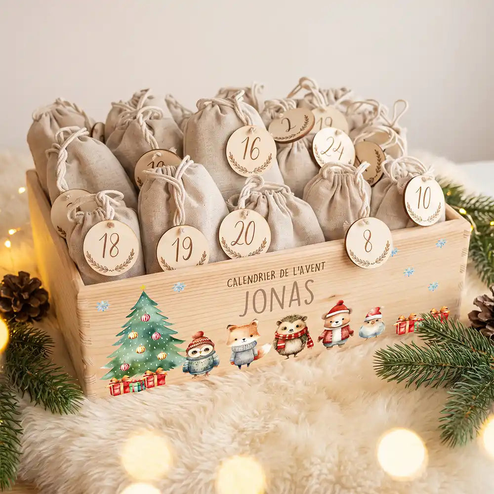 Calendrier de l'avent personnalisé, motif Amis de la forêt — Caisse garnie des 24 sachets | Kidsmood