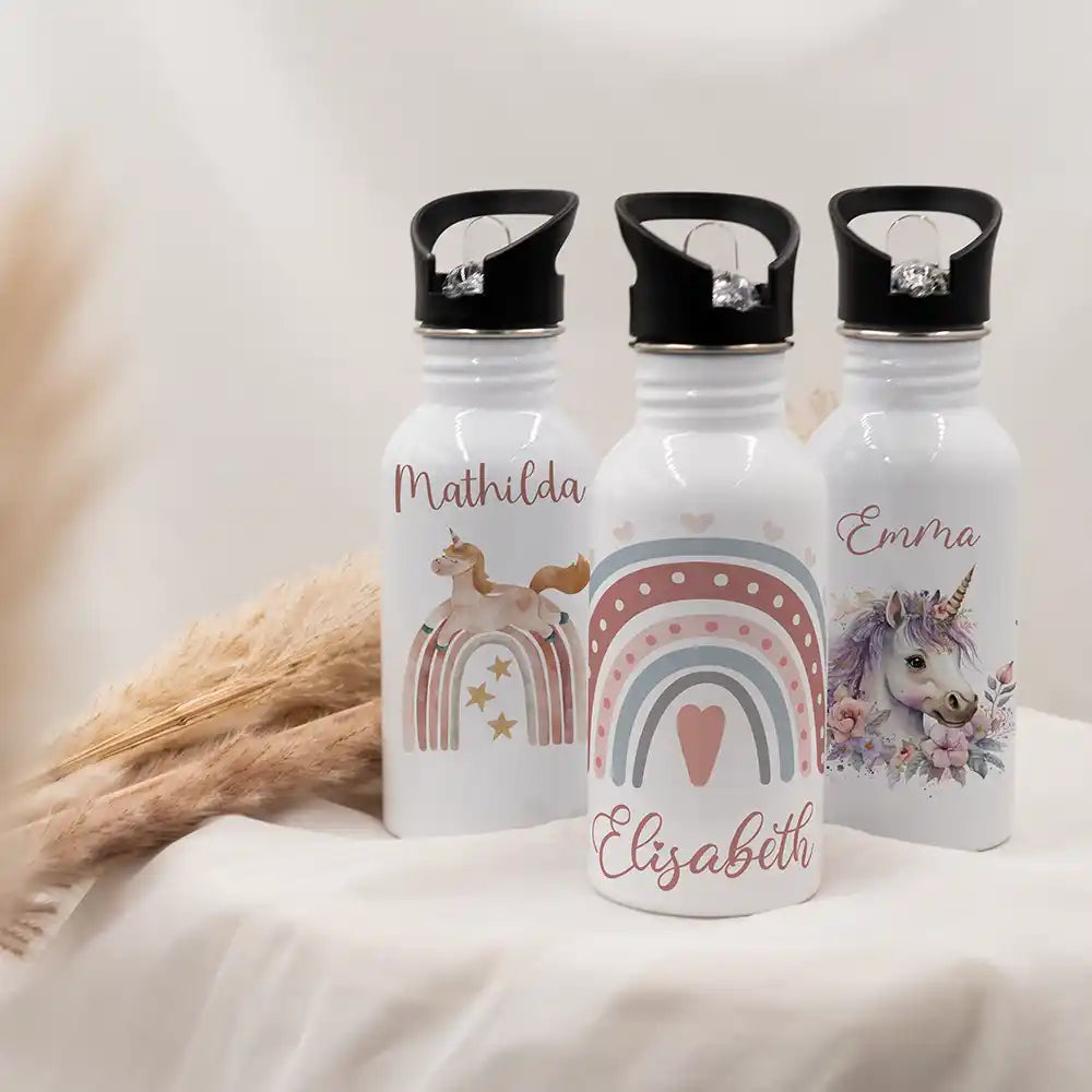 Gourdes à paille personnalisées pour enfant en inox, avec prénom imprimé — Kidsmood
