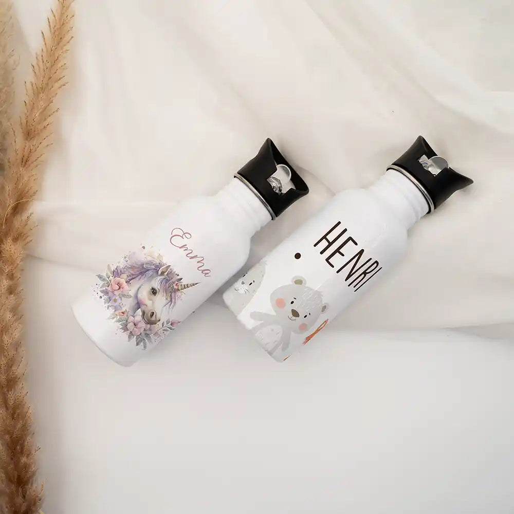 Gourde personnalisée enfant en inox motif Animaux tout doux avec prénom — Kidsmood