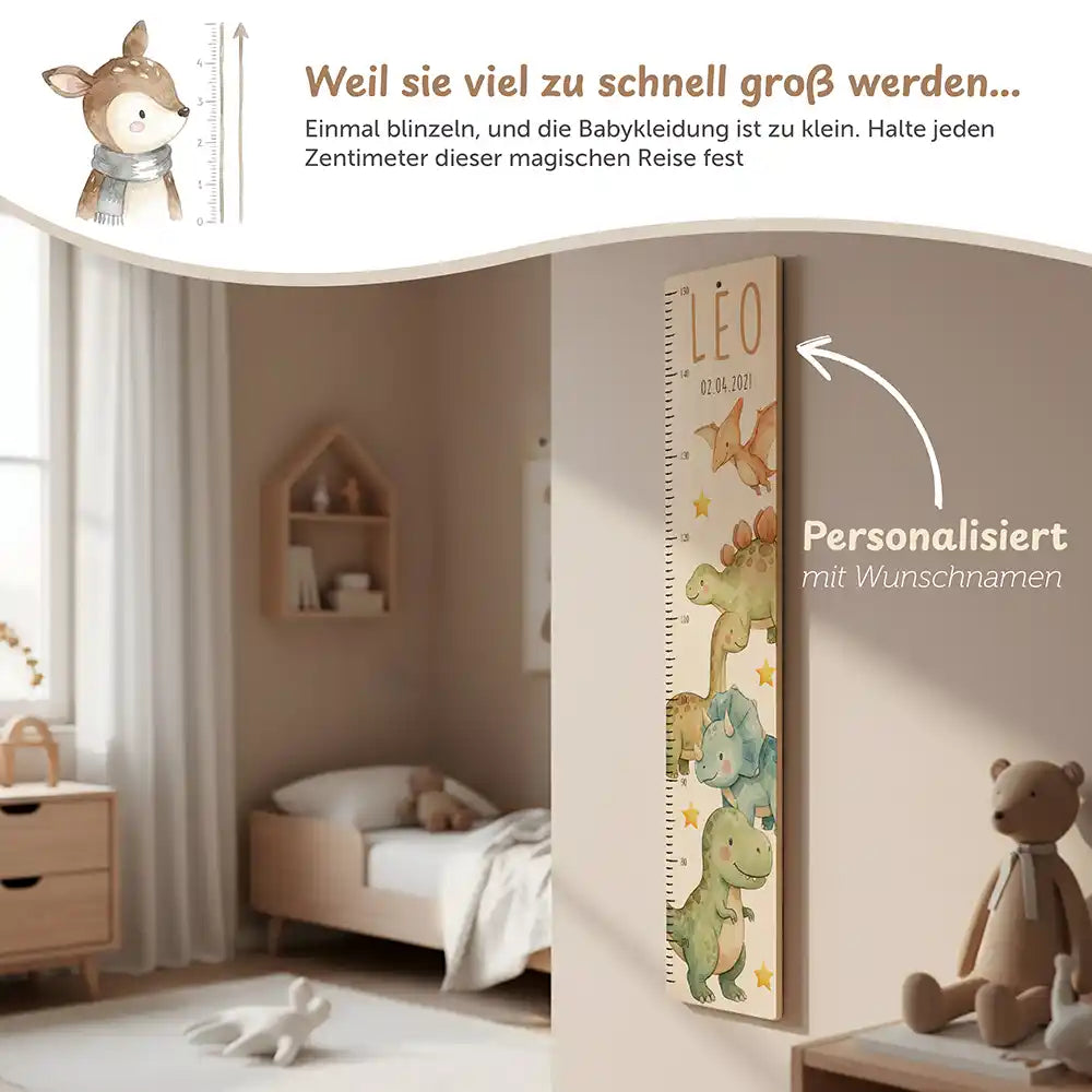 Messlatte Kinder Holz & Aluverbund - Niedliche Dinosaurier