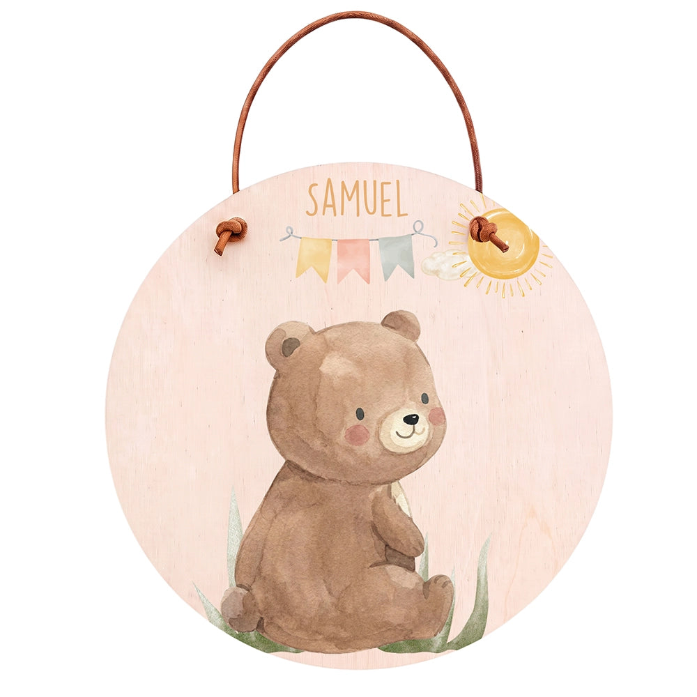 Plaque de porte personnalisée, motif Ourson et fanions — Vue principale | Kidsmood