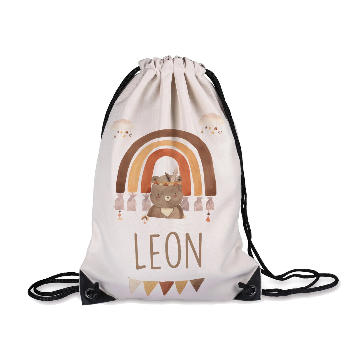 Sac de sport enfant personnalisé avec prénom, motif arc-en-ciel bohème — Kidsmood