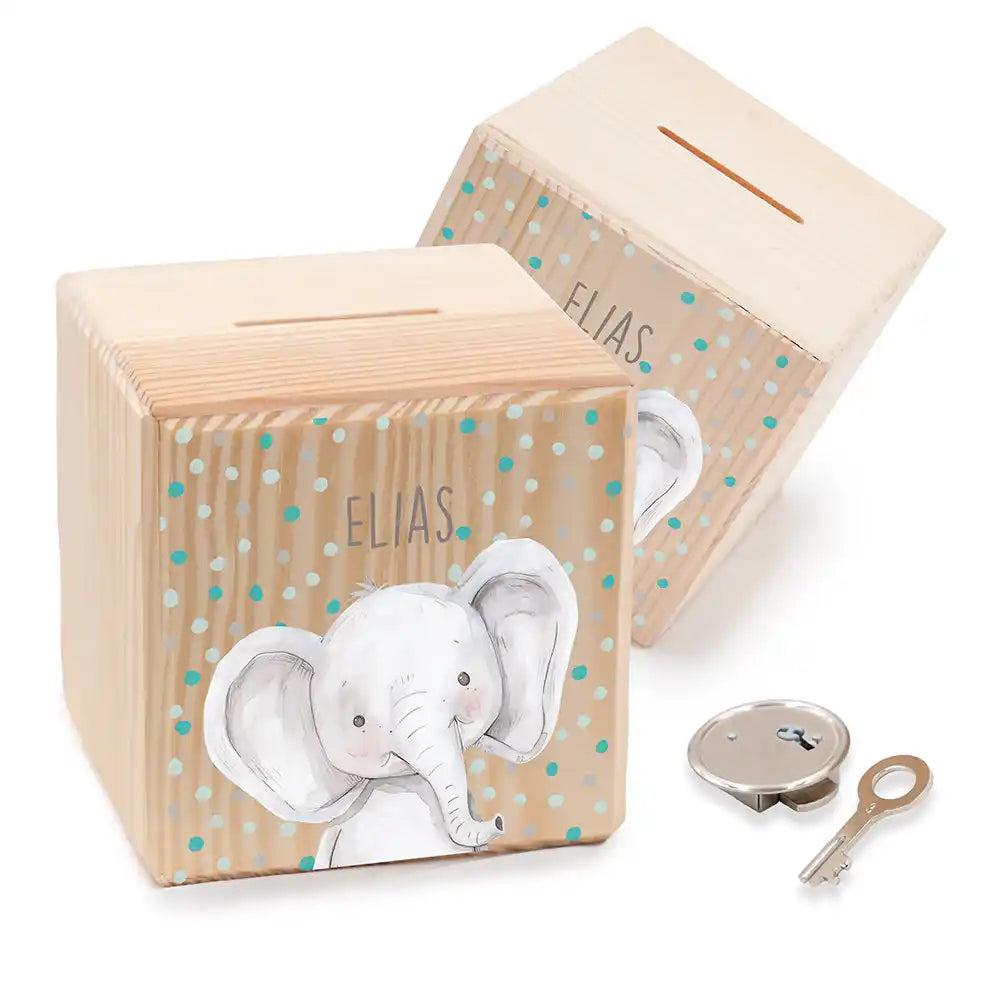 Tirelire enfant personnalisée en bois avec prénom, motif éléphant confettis — Kidsmood