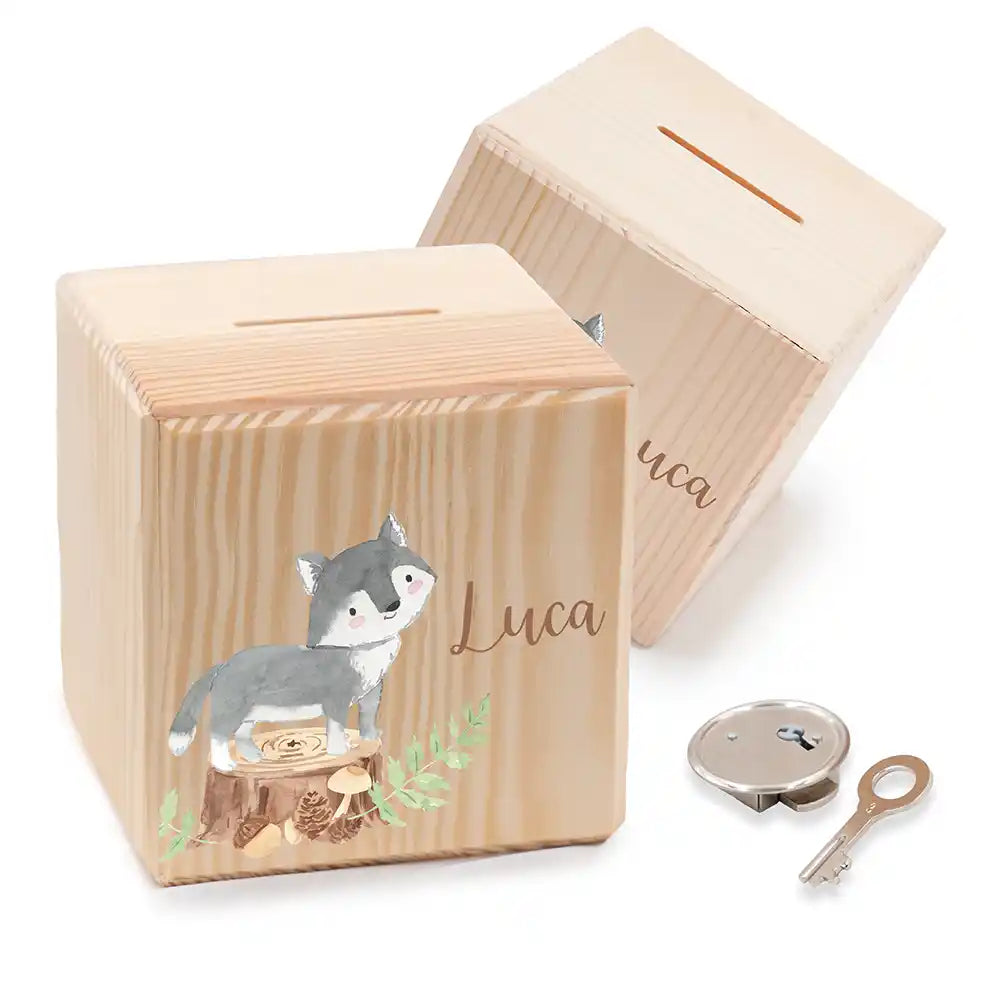 Tirelire enfant personnalisée en bois avec prénom, motif loup — Kidsmood