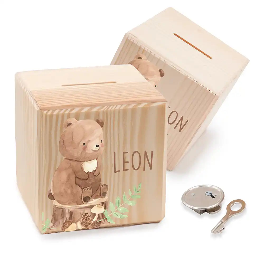 Tirelire enfant personnalisée en bois avec prénom, motif ours des bois — Kidsmood