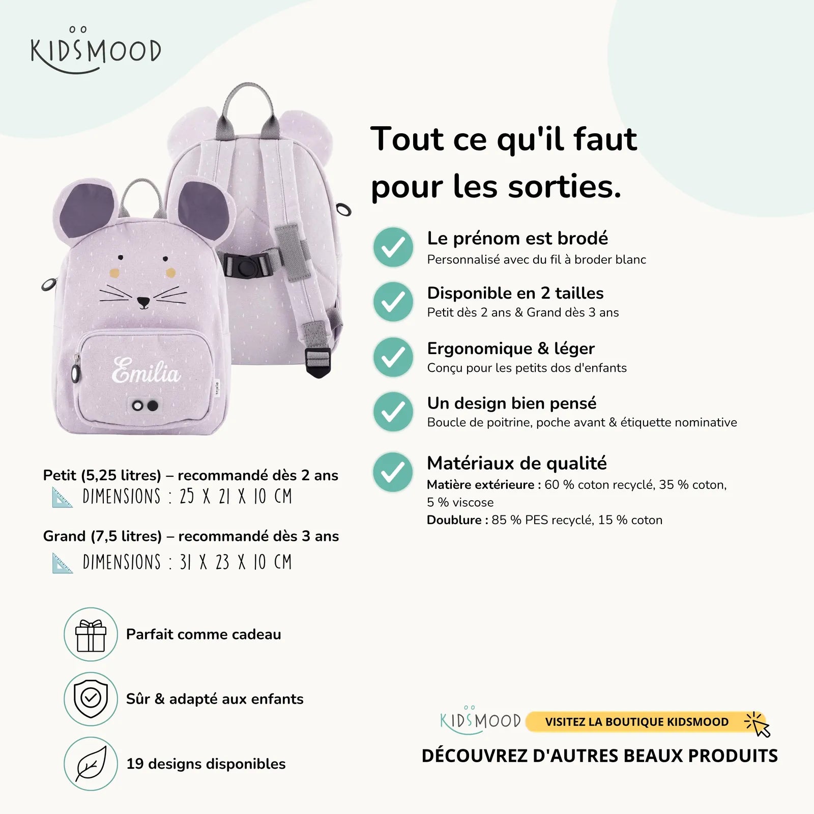 Sac à dos maternelle Trixie Souris personnalisé, prénom brodé — Kidsmood