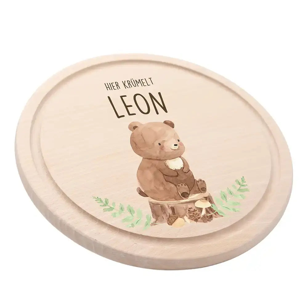 Rundes personalisiertes Frühstücksbrettchen Bär mit Namen für Kinder