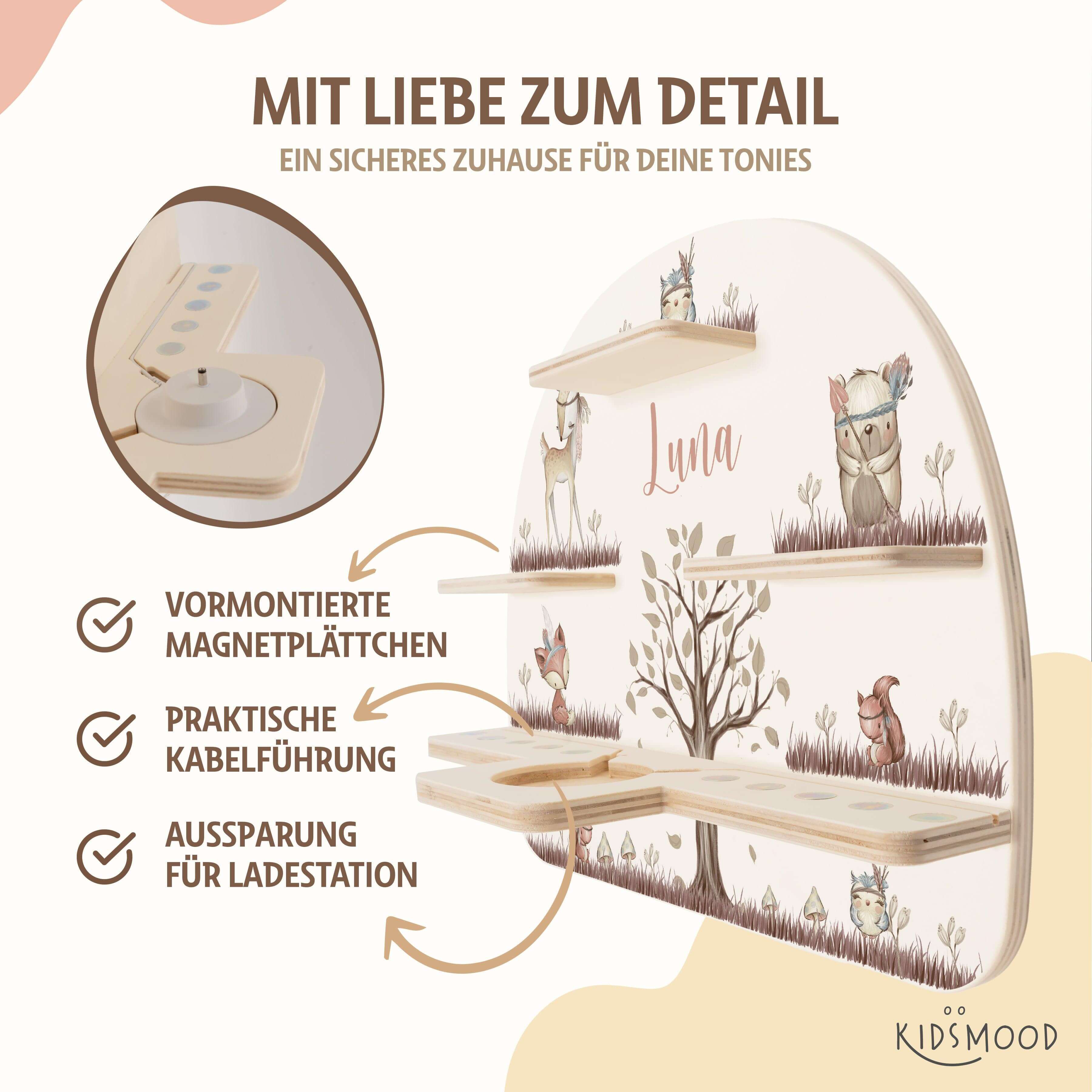 detailansicht der gravur auf dem tonie-regal mit woodland