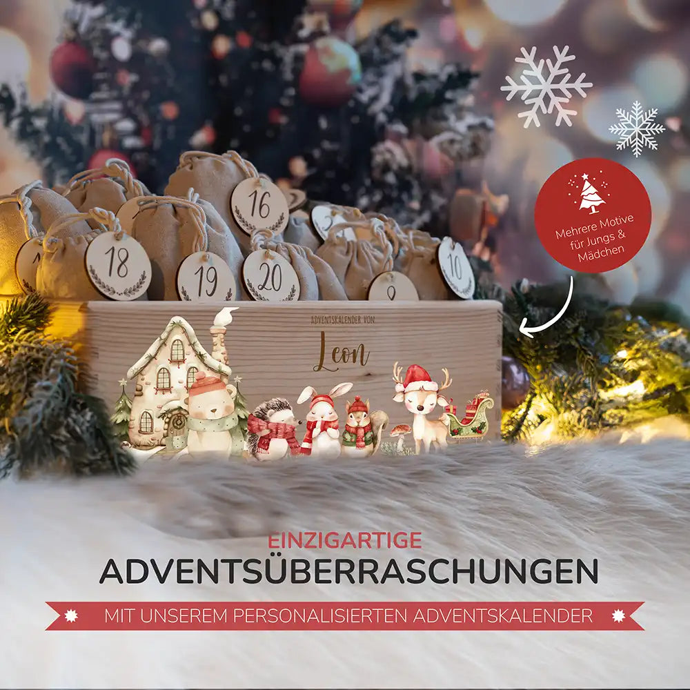 Adventskiste zum befüllen "Winterdorf mit Tieren" personalisiert