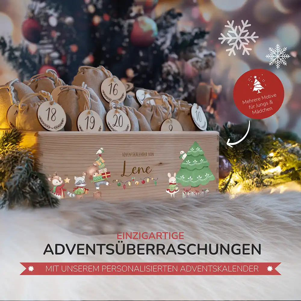 Adventskiste zum befüllen "Tiere und Weihnachtsbaum" personalisiert