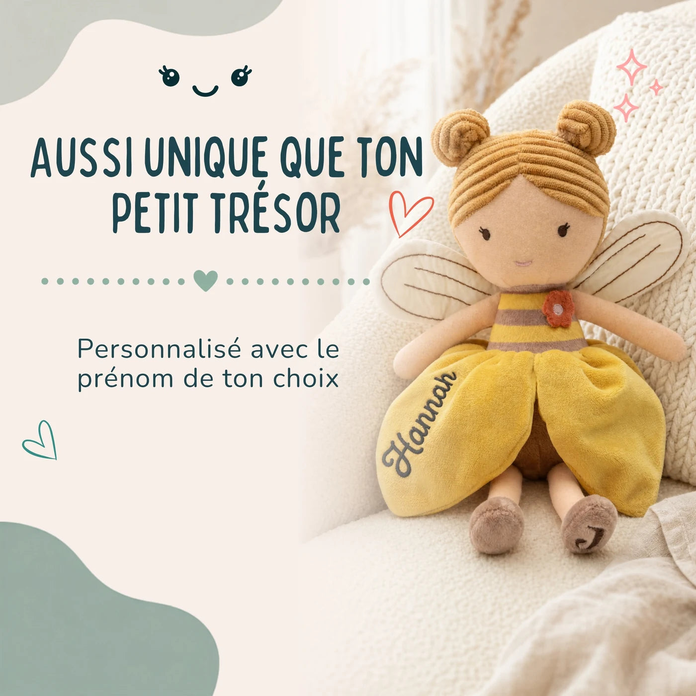 Peluche fée personnalisée avec le prénom de votre choix, coloris Miel — Kidsmood