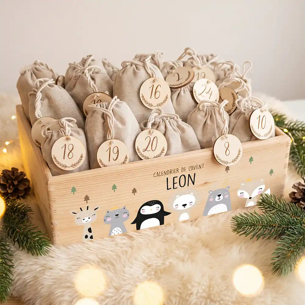 Calendrier de l'avent personnalisé, motif Amis du monde — Caisse garnie des 24 sachets | Kidsmood