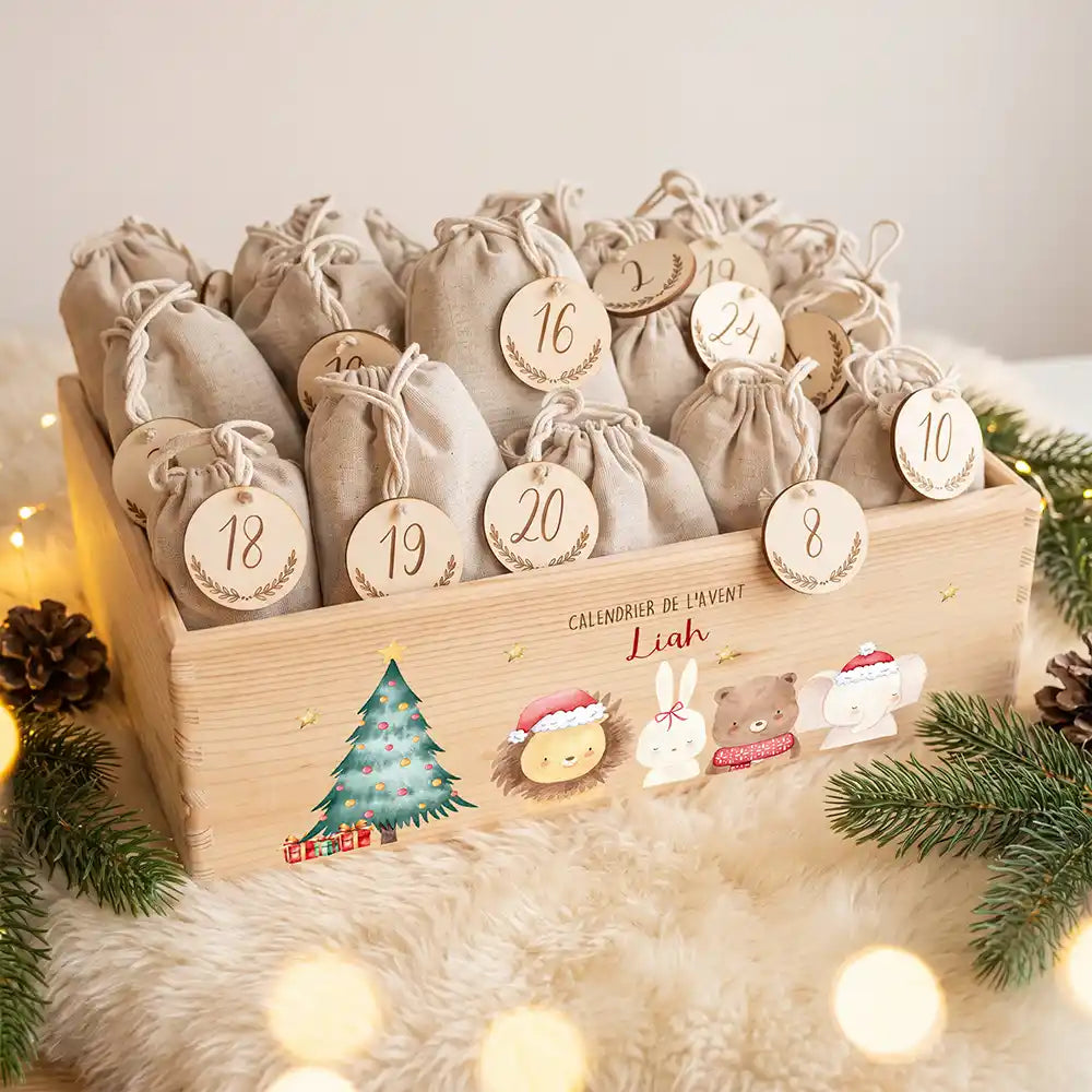 Calendrier de l'avent personnalisé, motif Bonnets rouges — Caisse garnie des 24 sachets | Kidsmood