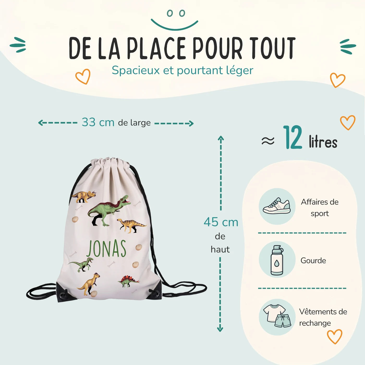 Sac de sport enfant 33 × 45 cm et environ 12 litres, motif dinosaures — Kidsmood