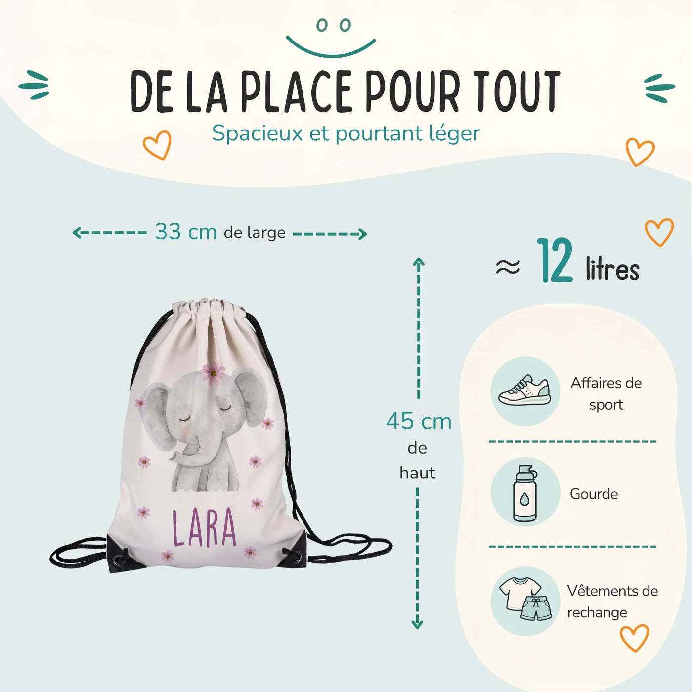 Sac de sport enfant 33 × 45 cm et environ 12 litres, motif éléphant fleuri — Kidsmood