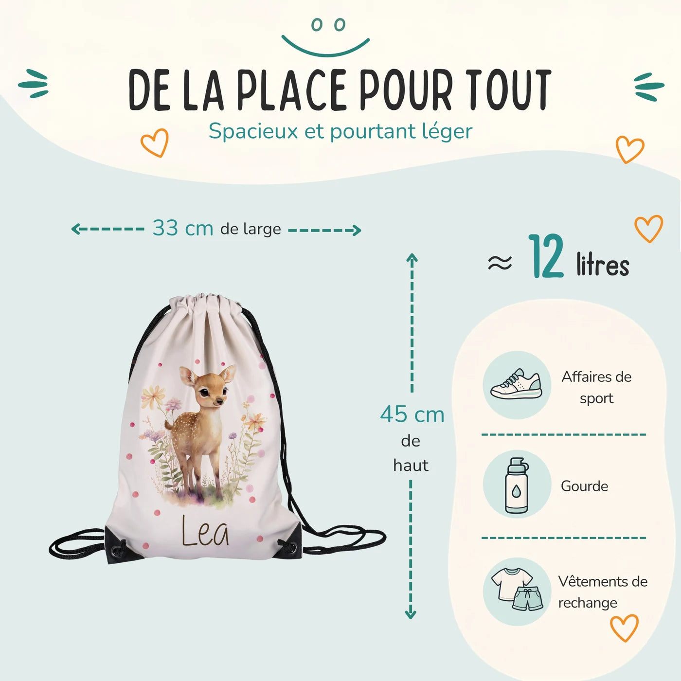Sac de sport enfant 33 × 45 cm et environ 12 litres, motif faon des prés — Kidsmood