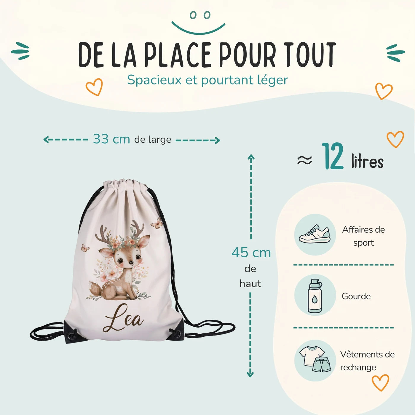 Sac de sport enfant 33 × 45 cm et environ 12 litres, motif faon et papillons — Kidsmood