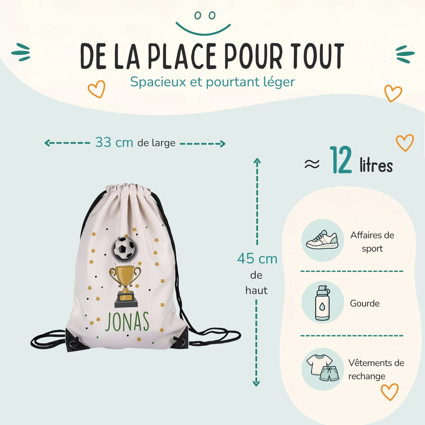 Sac de sport enfant 33 × 45 cm et environ 12 litres, motif football — Kidsmood