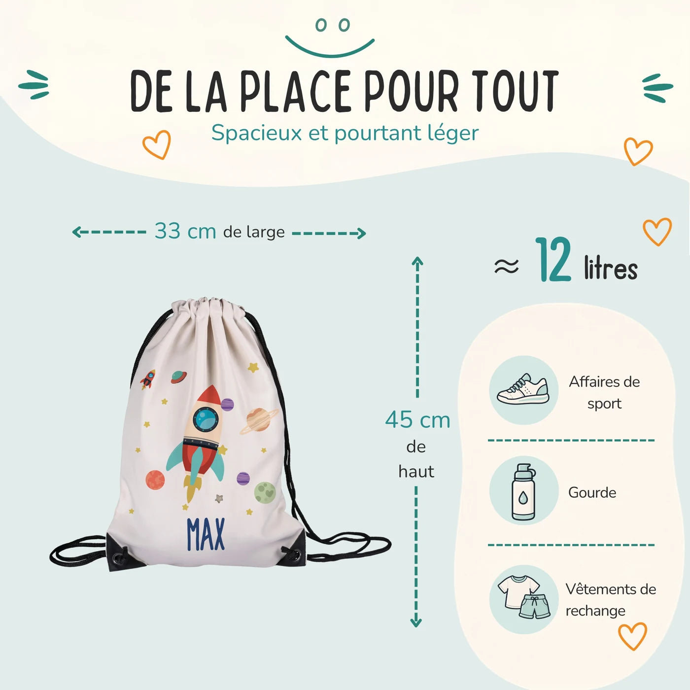Sac de sport enfant 33 × 45 cm et environ 12 litres, motif fusée spatiale — Kidsmood