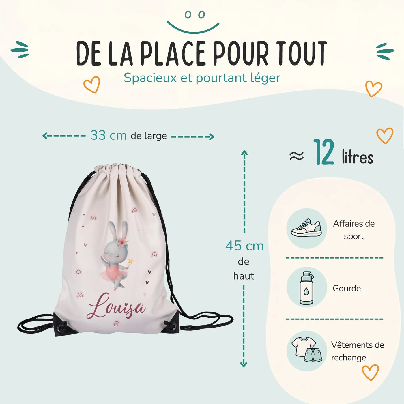 Sac de sport enfant 33 × 45 cm et environ 12 litres, motif lapin ballerine — Kidsmood