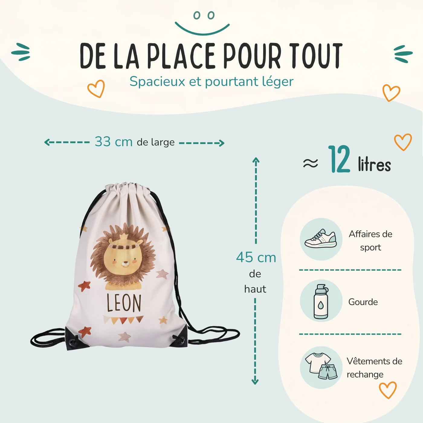 Sac de sport enfant 33 × 45 cm et environ 12 litres, motif lion bohème — Kidsmood
