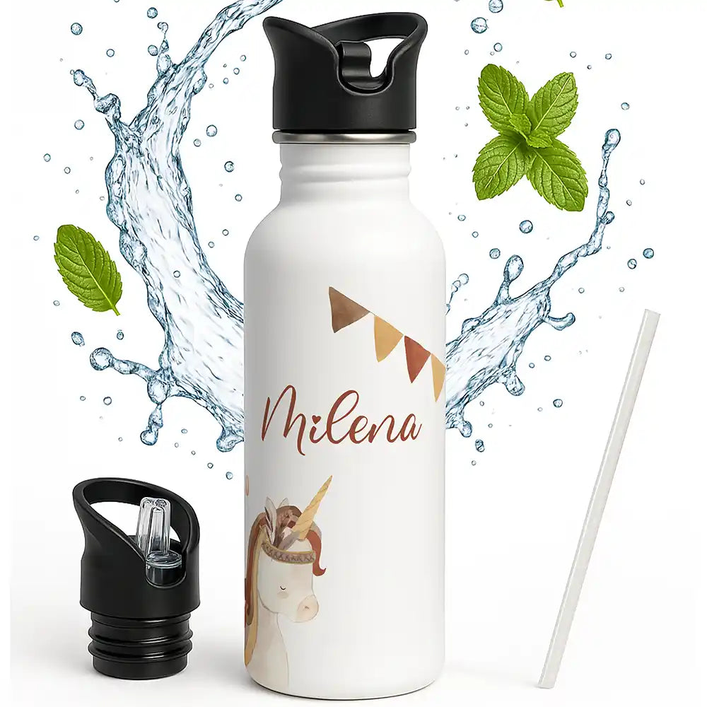 Gourde enfant personnalisée avec paille intégrée, motif Licorne et guirlande — Kidsmood
