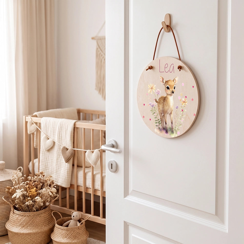 Plaque de porte personnalisée, motif Faon des prés — Accrochée à la porte de la chambre | Kidsmood