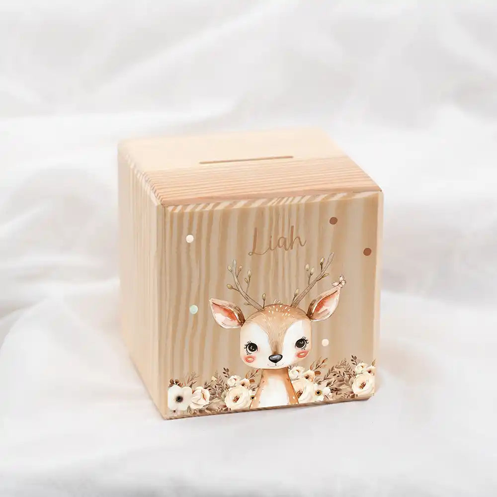 Tirelire en bois personnalisée avec prénom, motif faon fleuri — Kidsmood