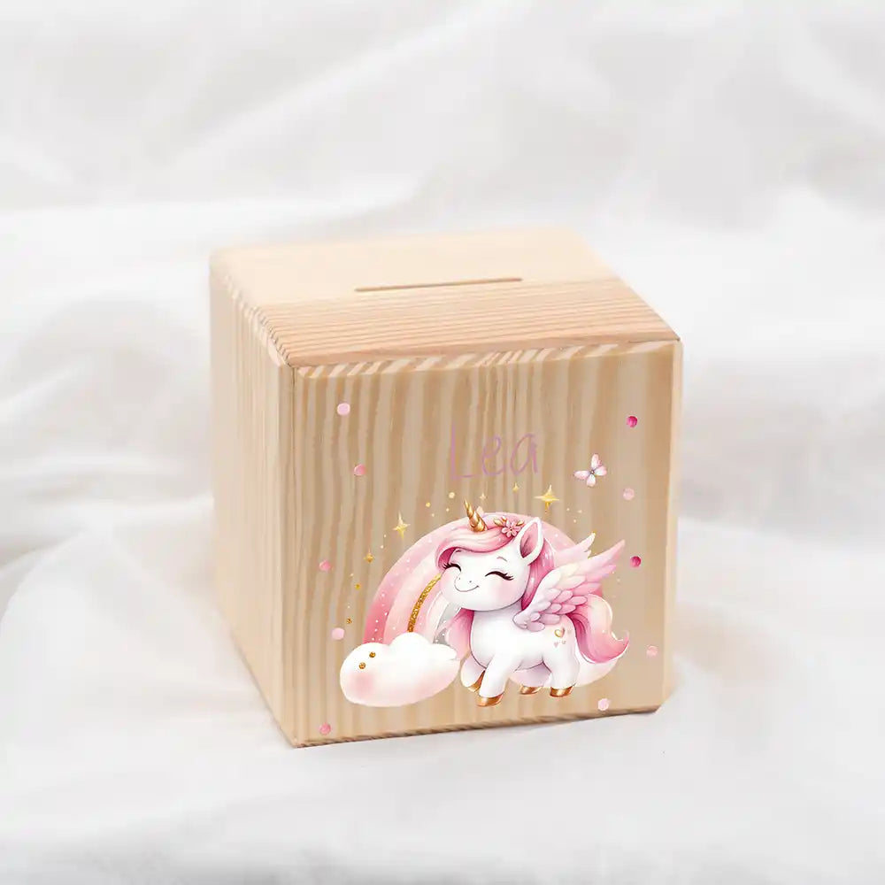 Tirelire en bois personnalisée avec prénom, motif licorne — Kidsmood