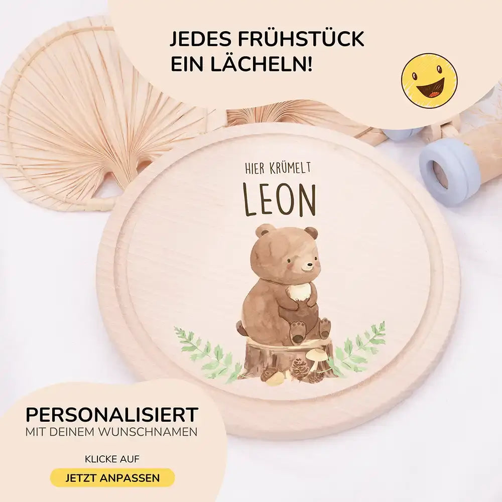 Rundes personalisiertes Frühstücksbrettchen Bär mit Namen für Kinder