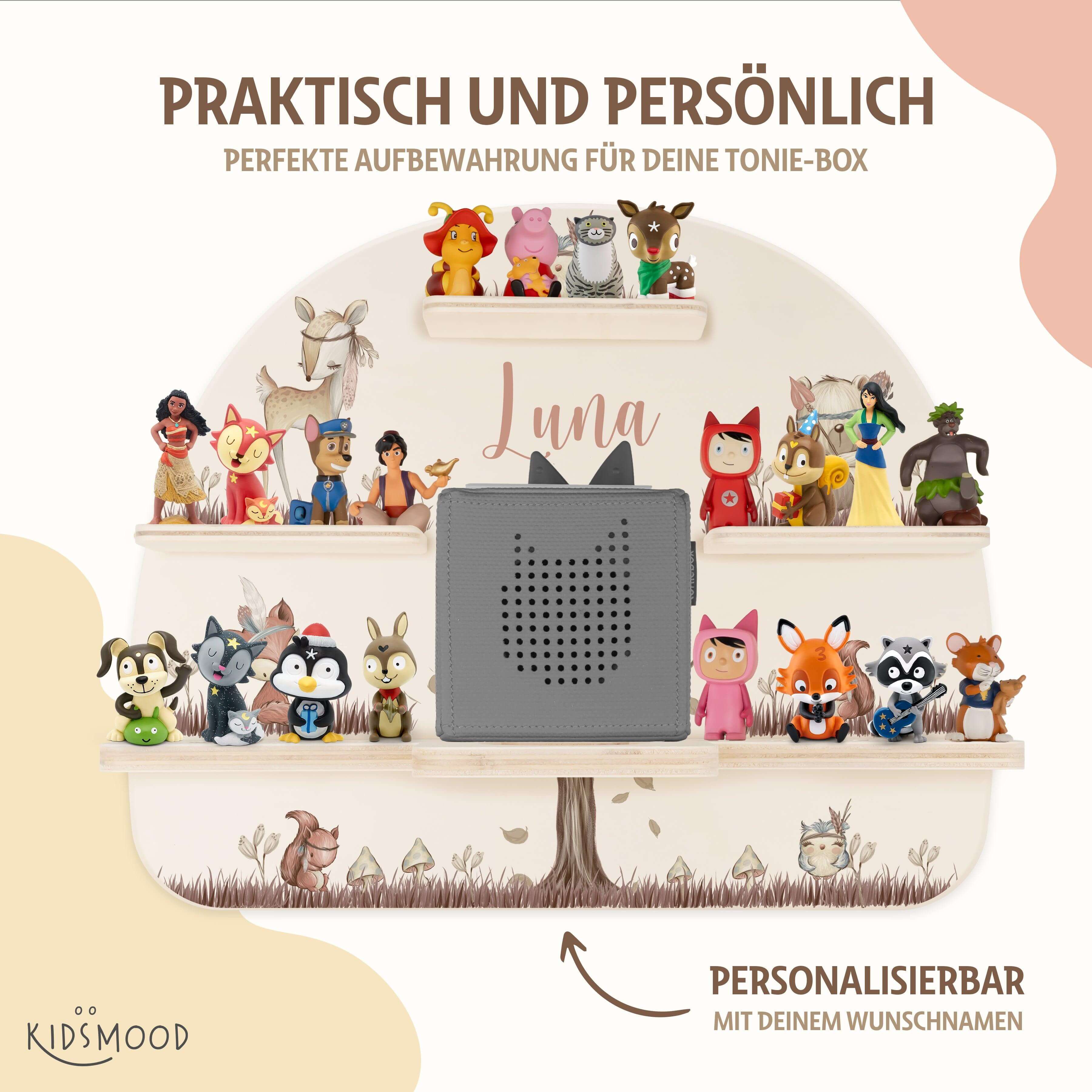 nahaufnahme des tonie-regals mit woodland motiv