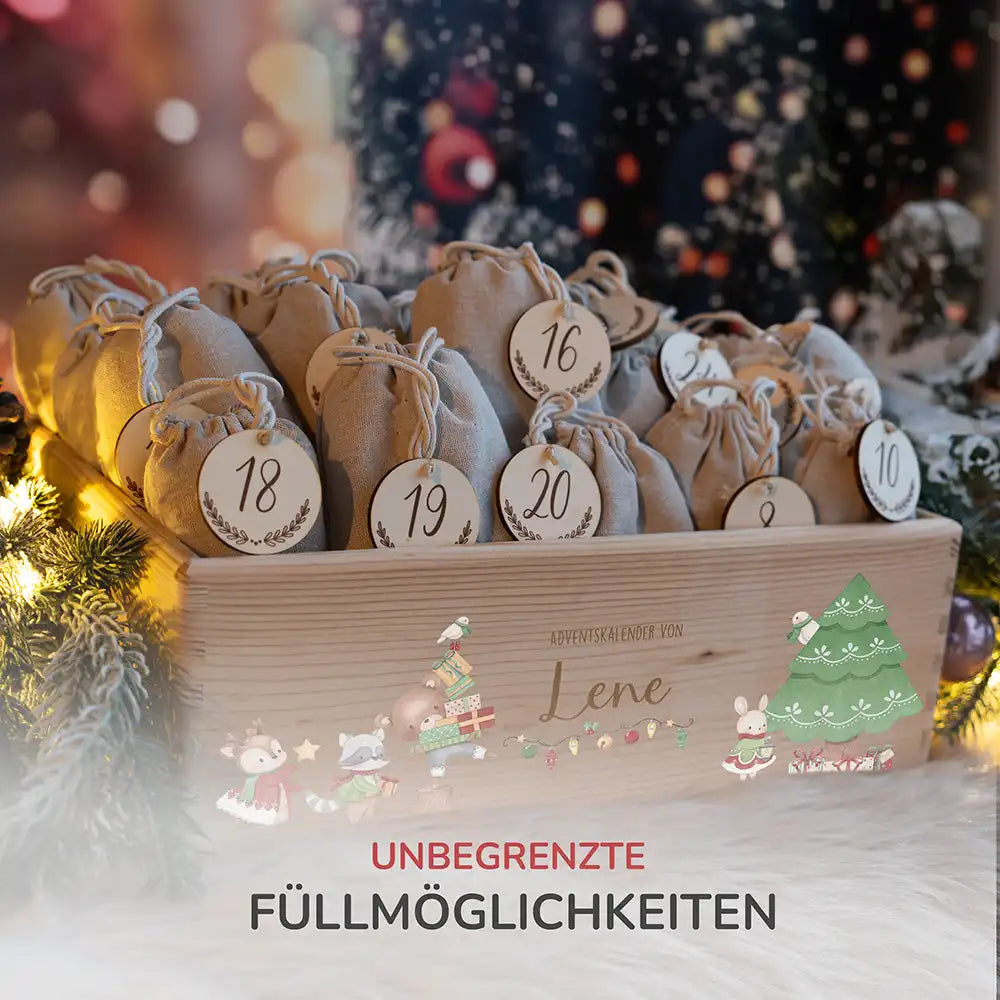 Adventskiste zum befüllen "Tiere und Weihnachtsbaum" personalisiert