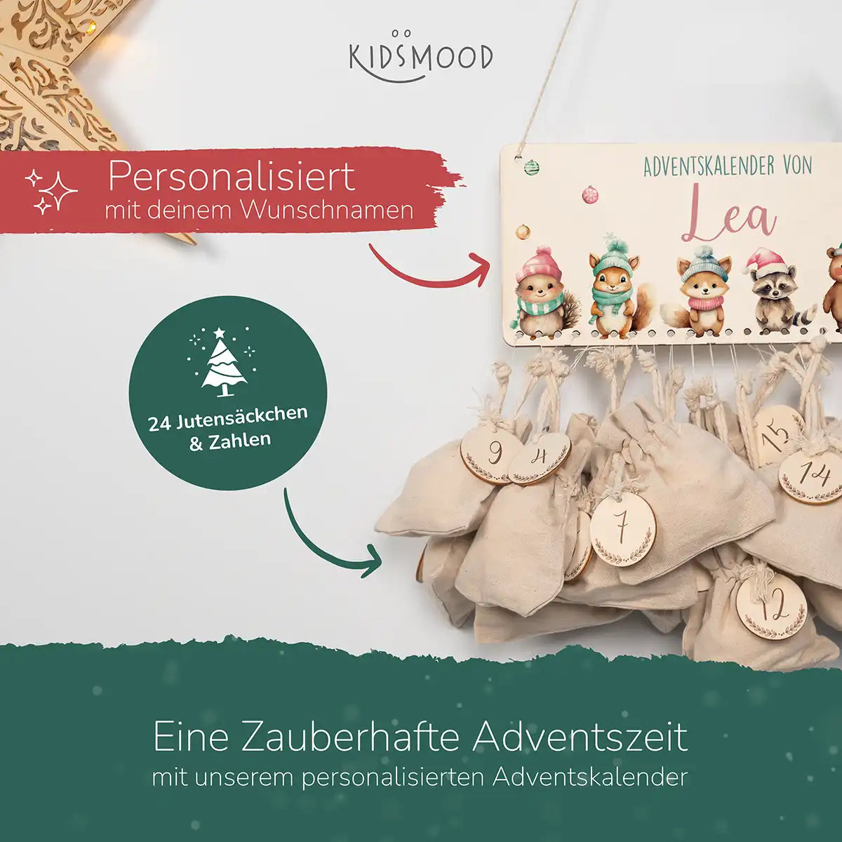 Personalisierbarer Adventskalender farbig - Weihnachtliche Tierfamilie