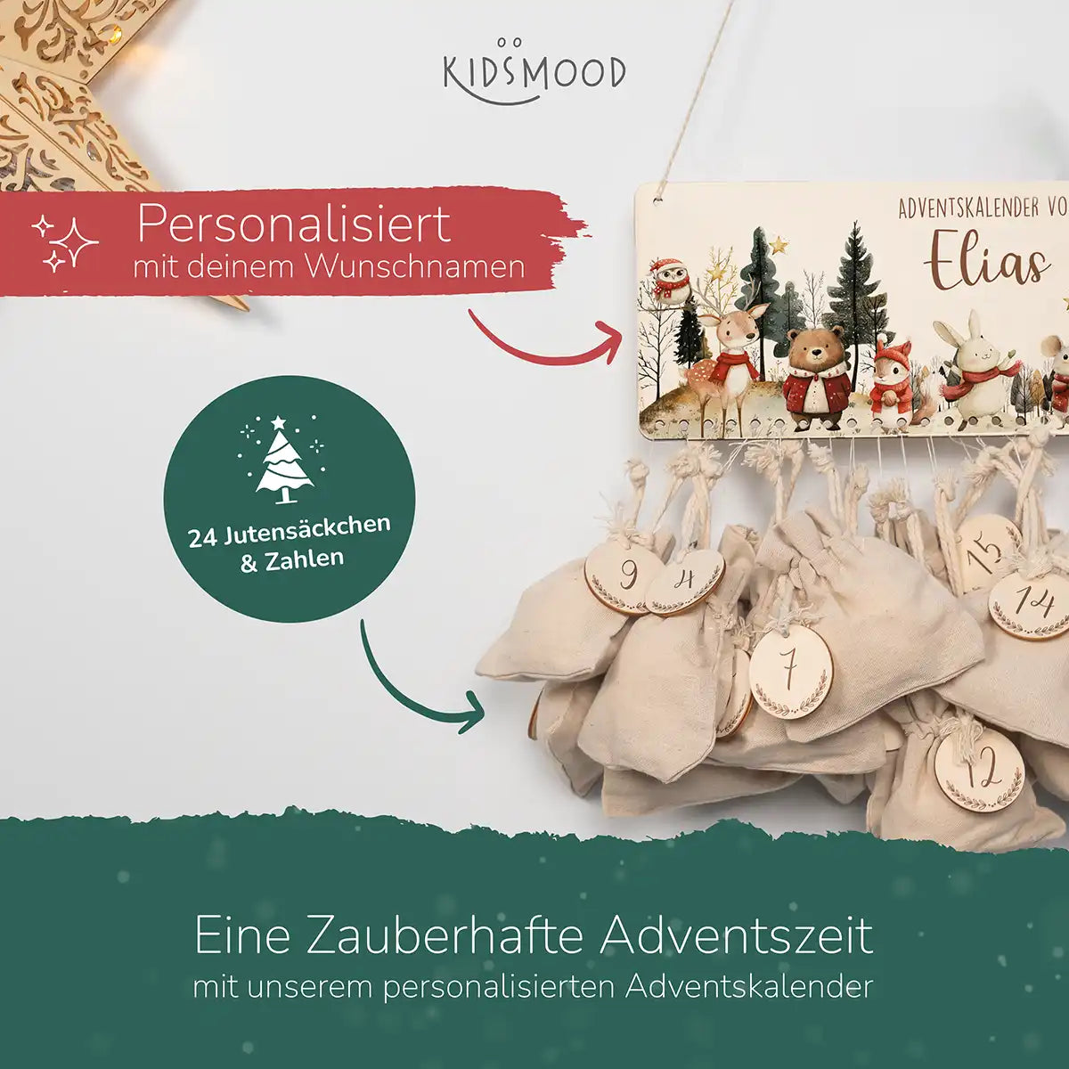 Personalisierbarer Adventskalender farbig - Frohe Tierfamilie