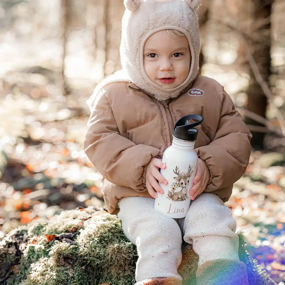 Gourde inox personnalisée pour enfant motif Faon fleuri, prénom au choix — Kidsmood