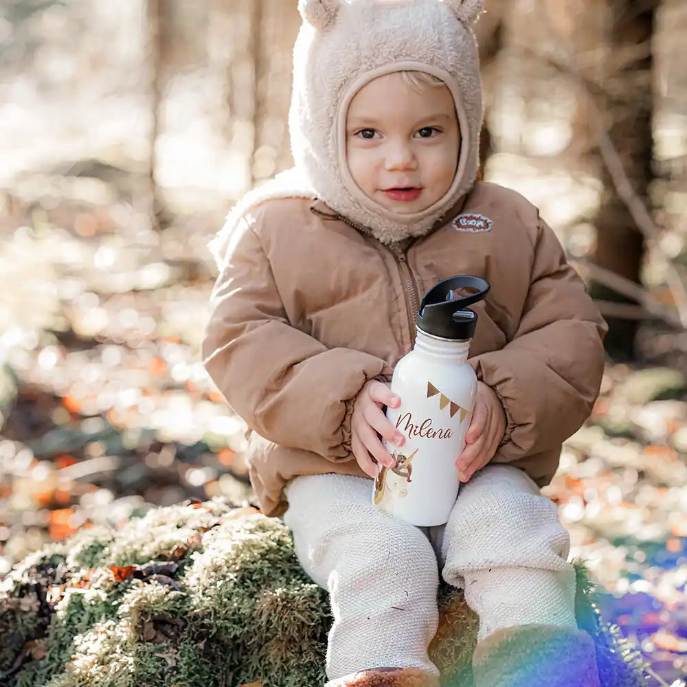 Gourde inox personnalisée pour enfant motif Licorne et guirlande, prénom au choix — Kidsmood