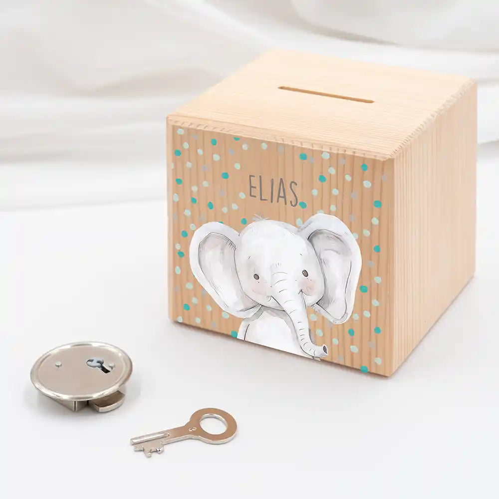 Tirelire personnalisée enfant, idée cadeau de naissance, motif éléphant confettis — Kidsmood