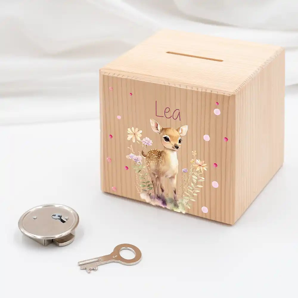 Tirelire personnalisée enfant, idée cadeau de naissance, motif faon des prés — Kidsmood