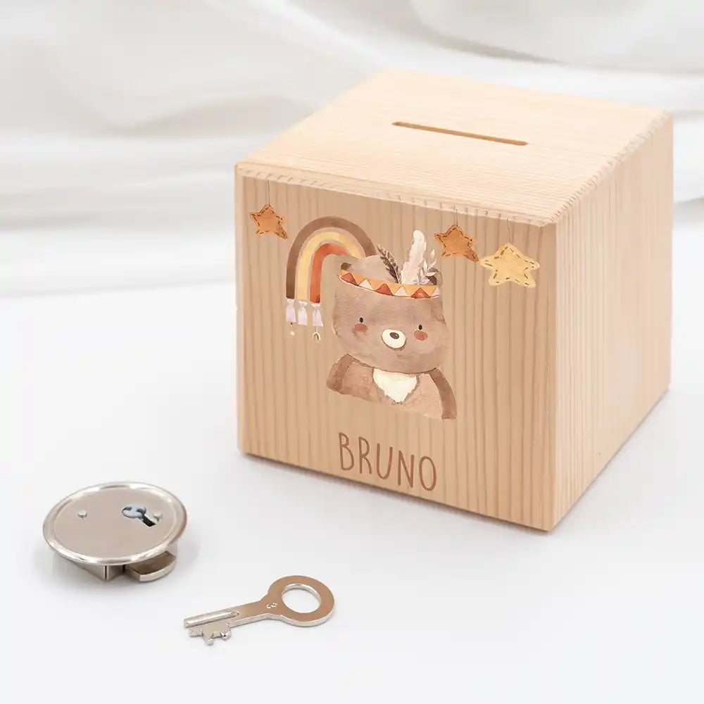 Tirelire personnalisée enfant, idée cadeau de naissance, motif ours bohème — Kidsmood