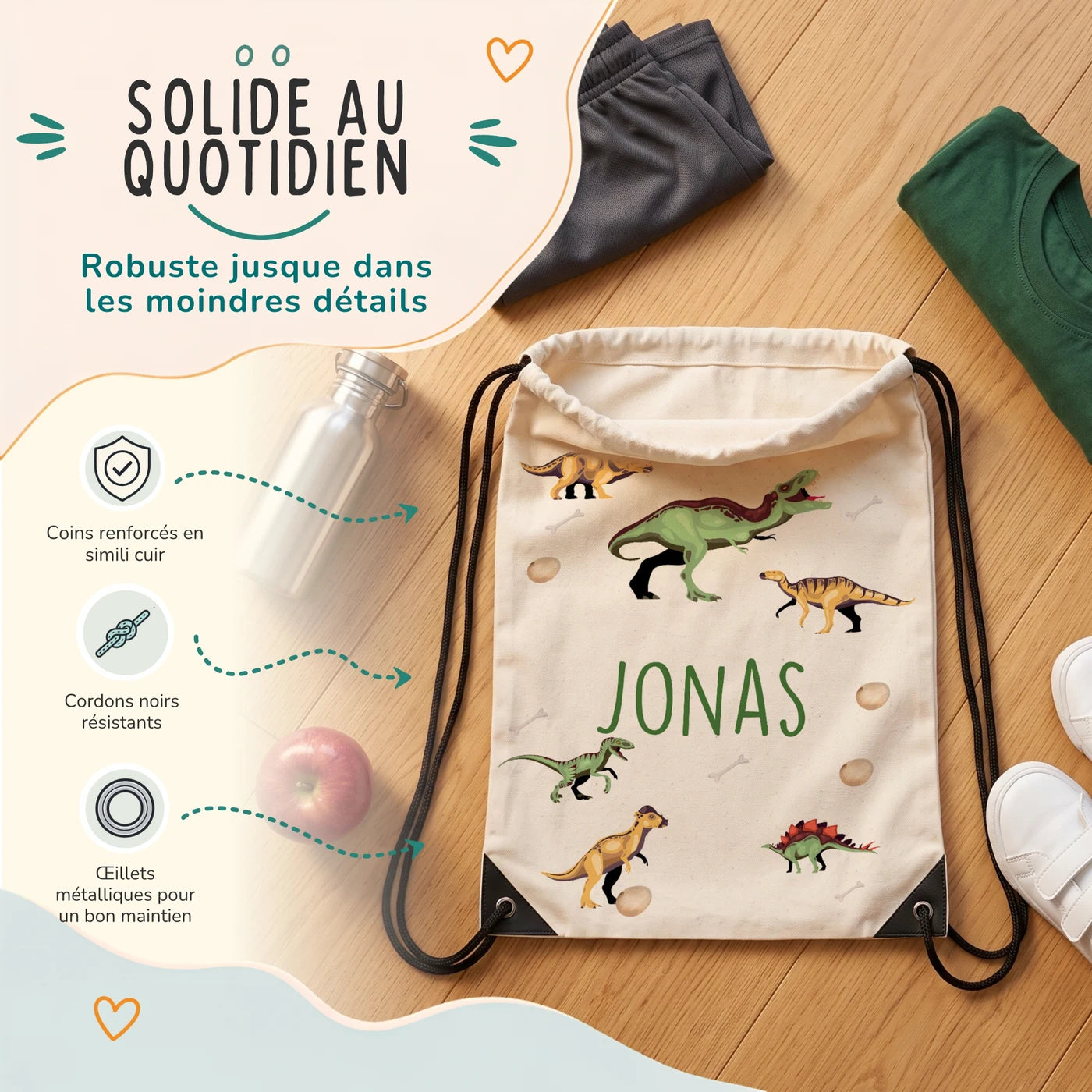 Sac de sport enfant avec coins renforcés, œillets métalliques et cordons noirs, motif dinosaures — Kidsmood