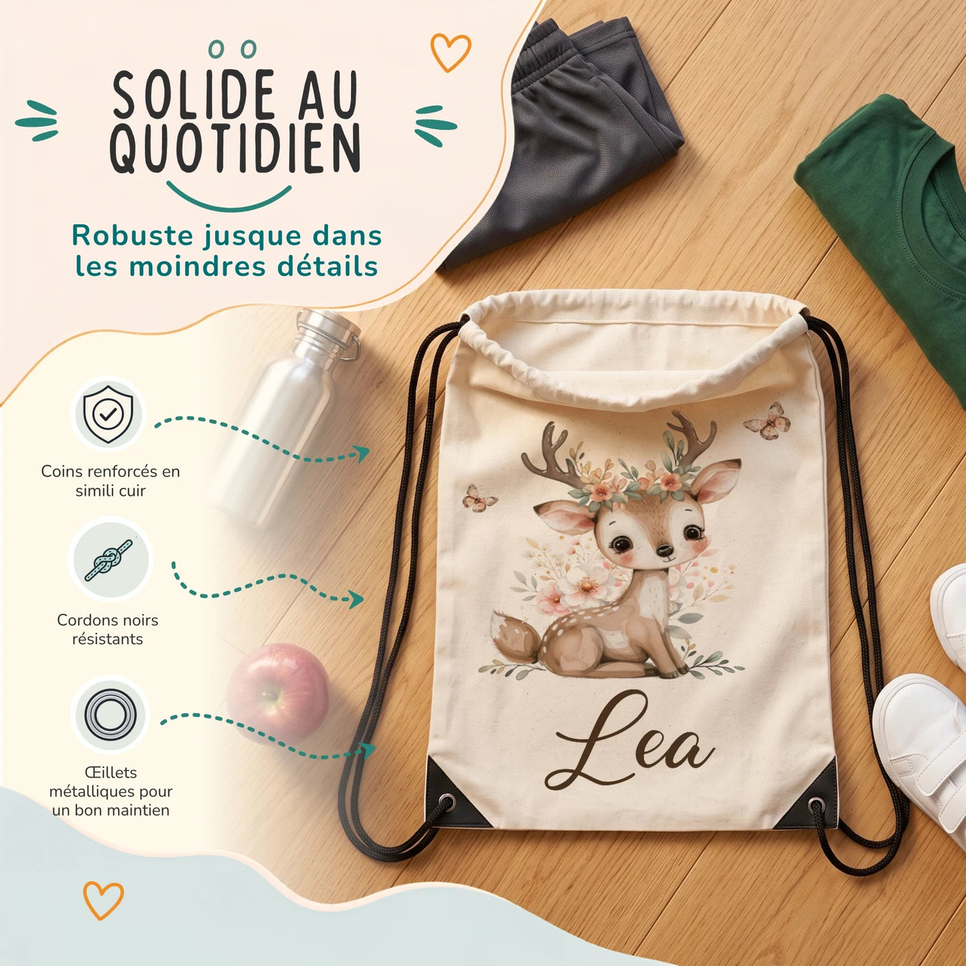 Sac de sport enfant avec coins renforcés, œillets métalliques et cordons noirs, motif faon et papillons — Kidsmood