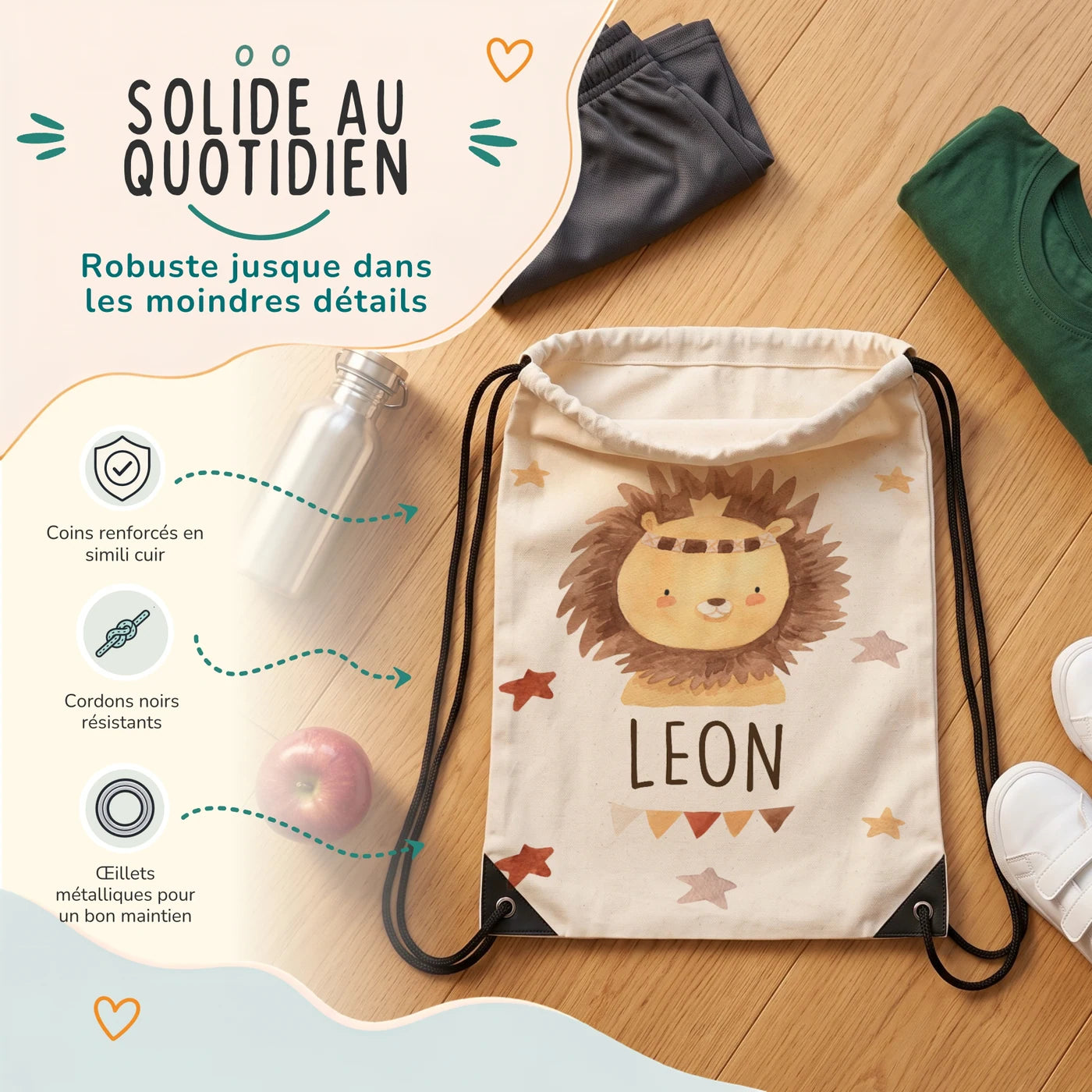 Sac de sport enfant avec coins renforcés, œillets métalliques et cordons noirs, motif lion bohème — Kidsmood
