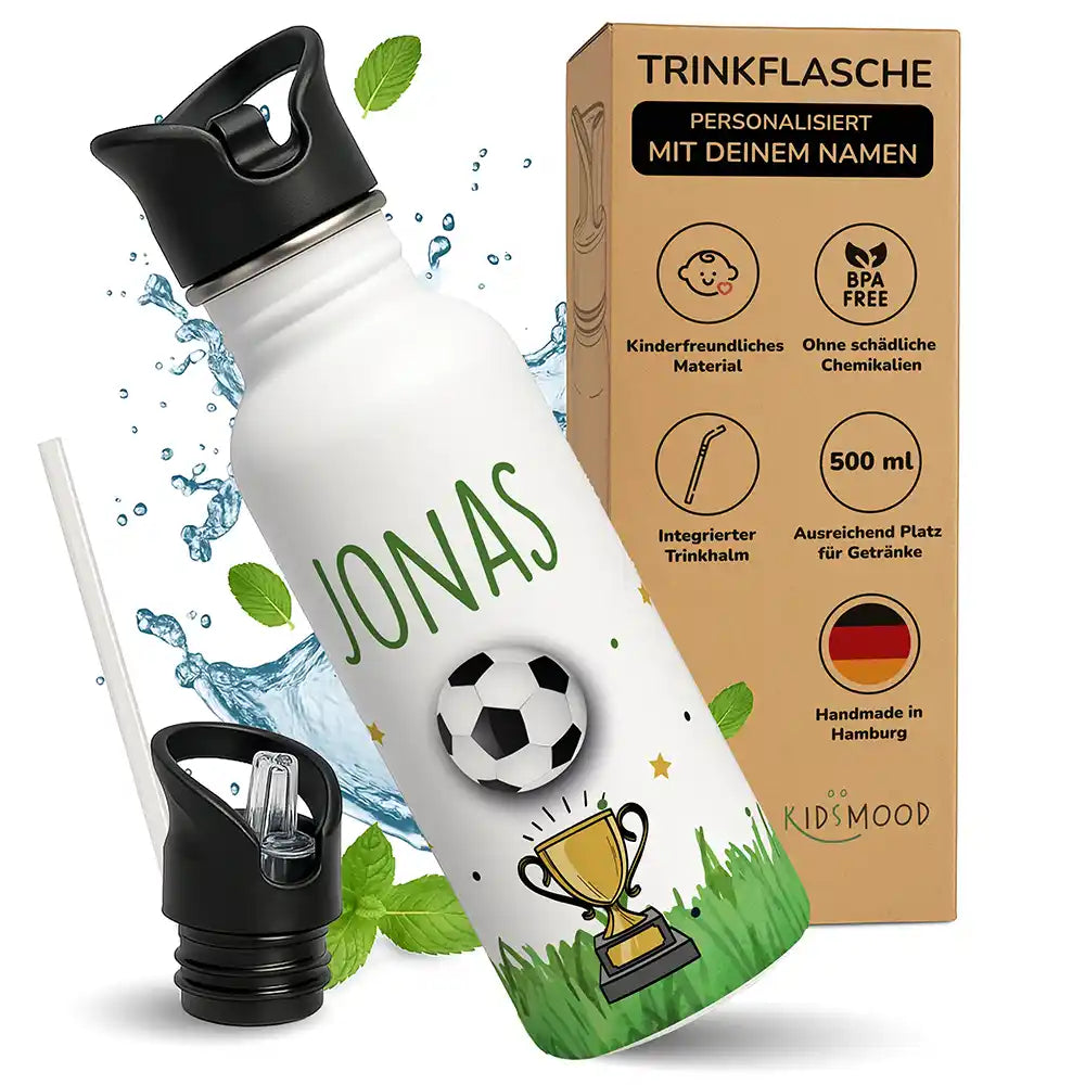 Gourde à paille personnalisée pour l'école maternelle, motif Football et trophée — Kidsmood