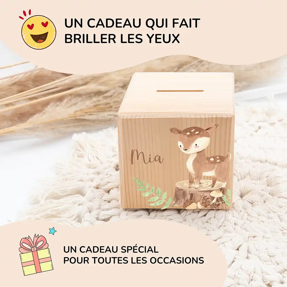 Tirelire personnalisée enfant pour un cadeau d'anniversaire, motif biche et faon — Kidsmood