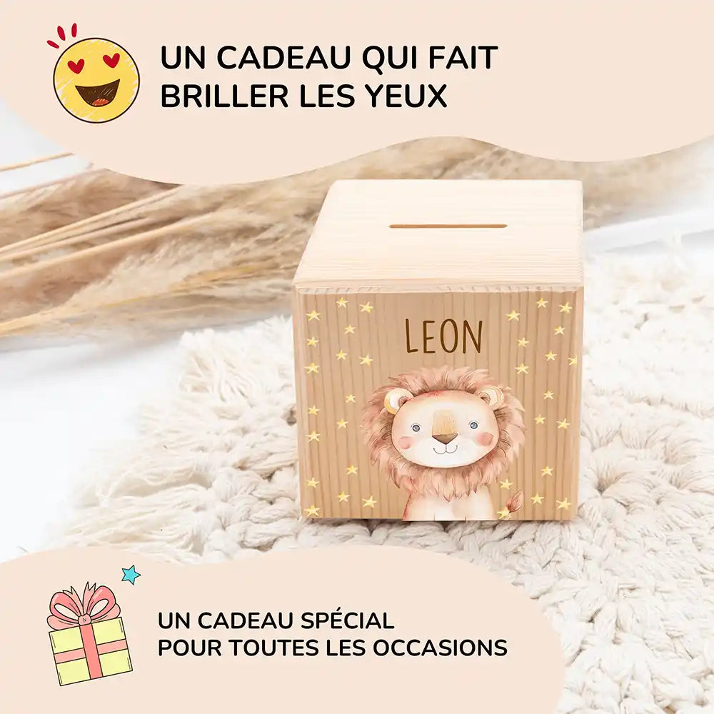 Tirelire personnalisée enfant pour un cadeau d'anniversaire, motif lion — Kidsmood