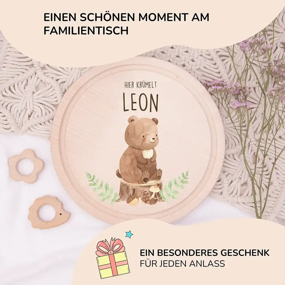 Rundes personalisiertes Frühstücksbrettchen Bär mit Namen für Kinder