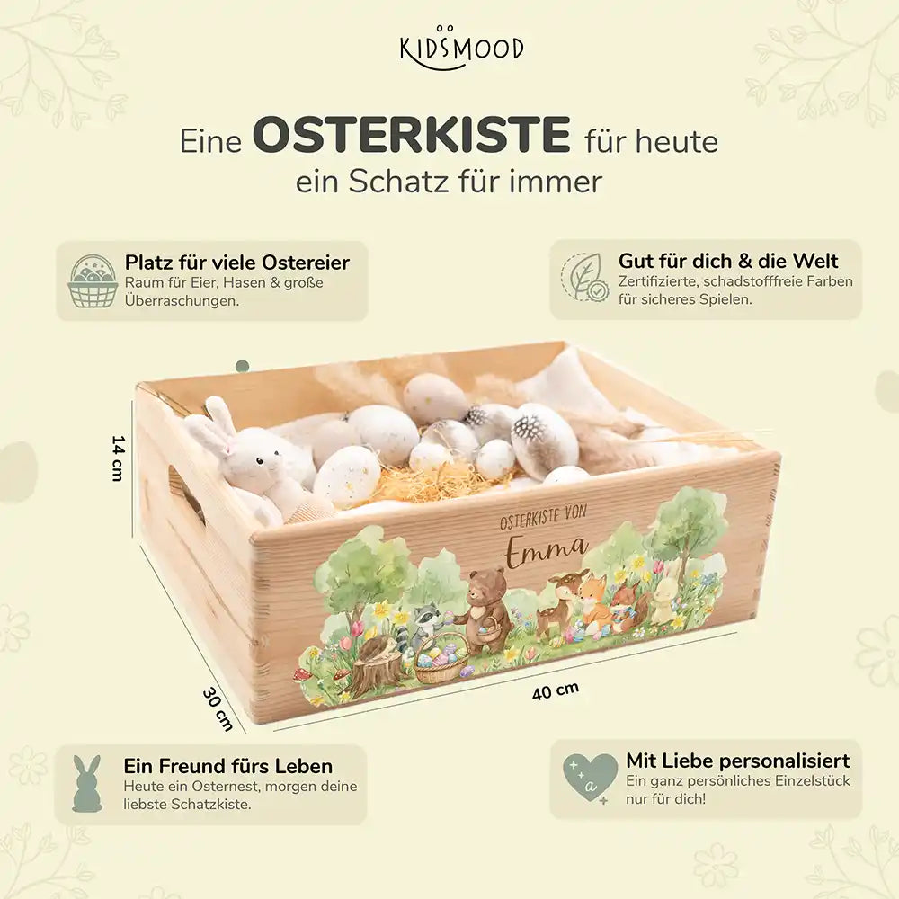 Osterkiste Holz personalisiert - Tierfamilie im Wald