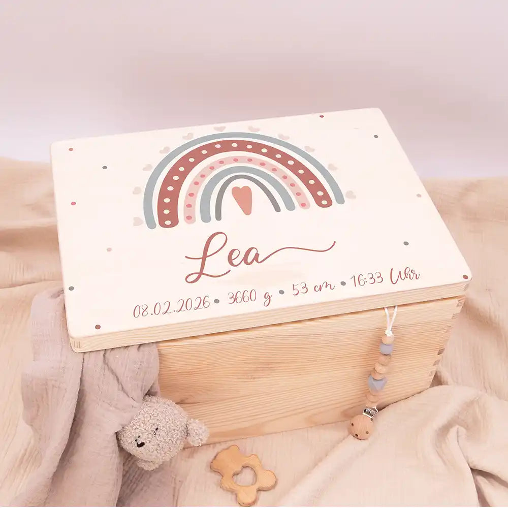 Boîte à souvenirs bébé personnalisée Arc-en-ciel boho – coffret en bois posé à plat avec décoration douce