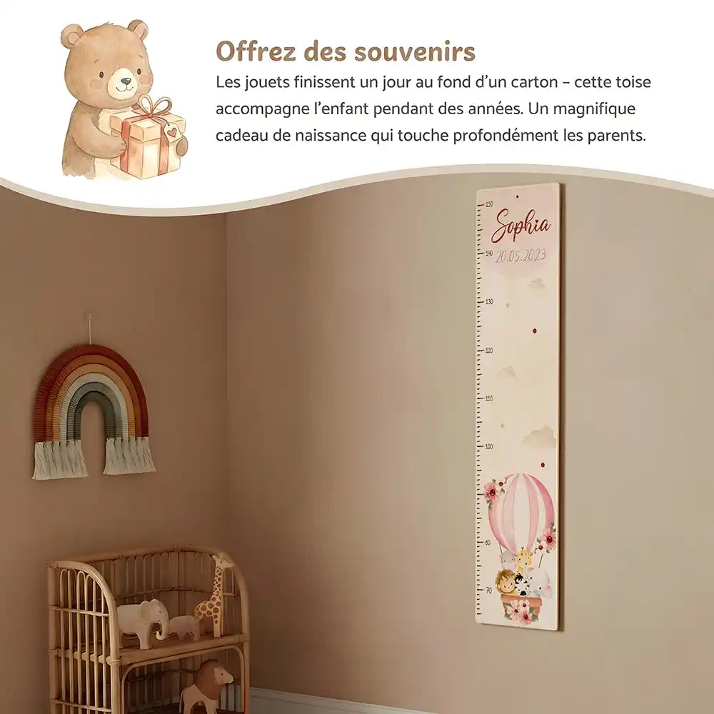 Toise enfant personnalisée Montgolfière – idée cadeau de naissance ou de baptême