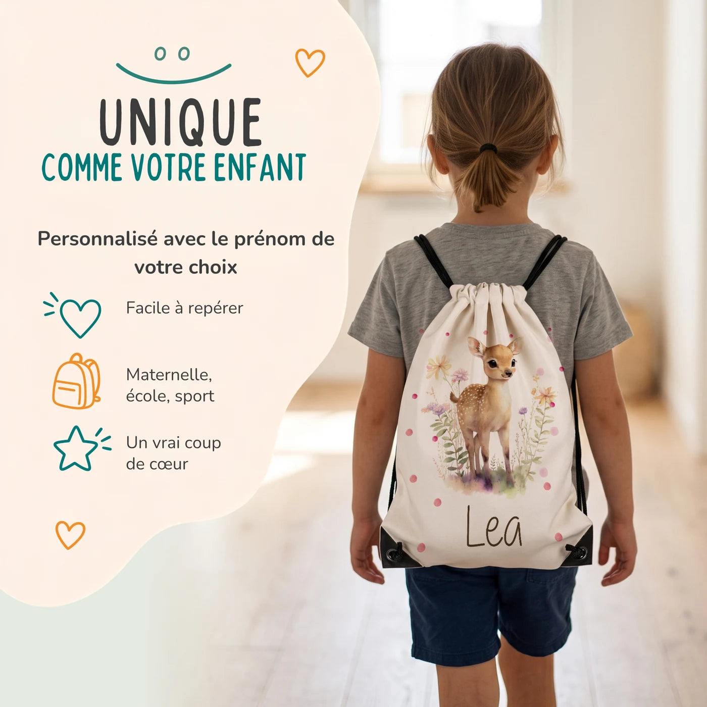 Enfant portant son sac de sport personnalisé sur le dos, motif faon des prés — Kidsmood